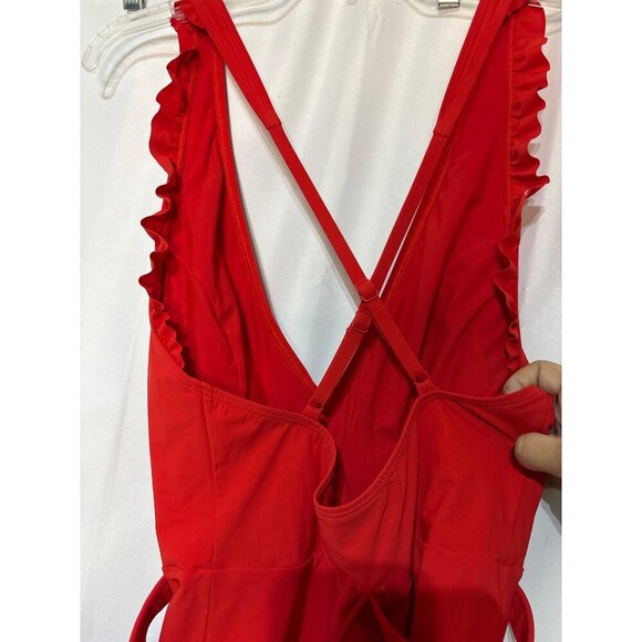 Skinny Dippers Red Ruffled Deep V-Neck One-Piece Swimsuit L Nylon Blend Adjustab - Picture 3 of 6